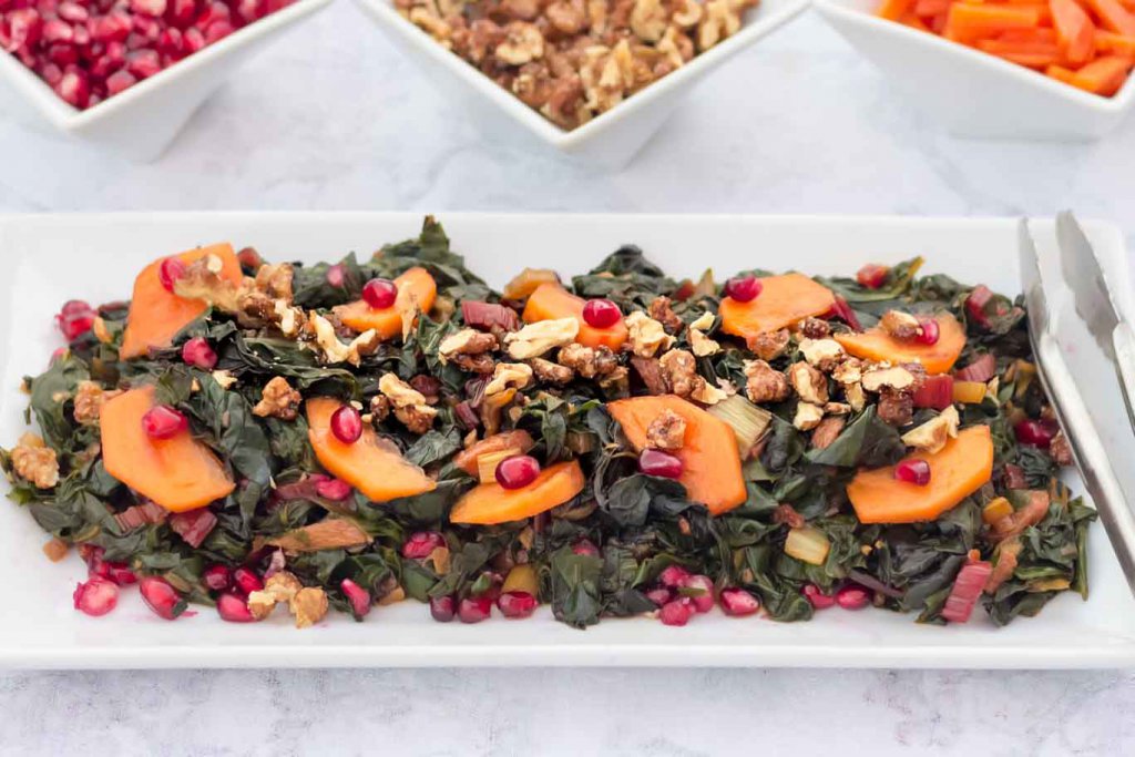 White rectangular plate with Rainbow Swiss Chard & Persimmon Sautee