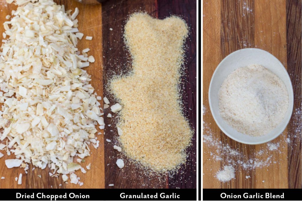 Cutting board with a pile dried chopped onion, a pile of granulated garlic and a bowl of the final onion garlic spice blend.