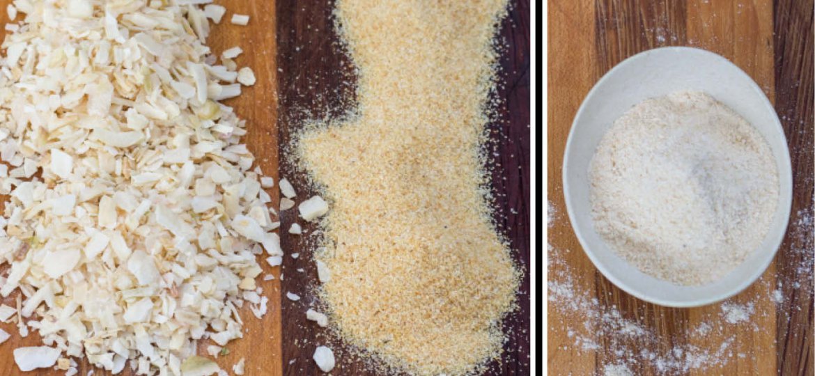 Cutting board with a pile dried chopped onion, a pile of granulated garlic and a bowl of the final onion garlic spice blend.