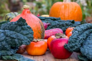 Fall Farmers Market treasures: Kale, red "wine" apple, persimmons, purple carrots, kuri squash and a pumpkin Fall Farmers Market Finds: Kale framing red "wine" apple, persimmons, purple carrots, red kuri squash, and a pumpkin