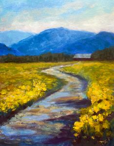 Acrylic Painting; Country road with yellow flower fields on both sides, cabin ro the right and mountains in the back