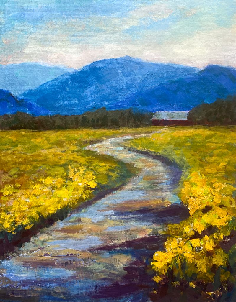 Acrylic Painting; Country road with yellow flower fields on both sides, cabin ro the right and mountains in the back