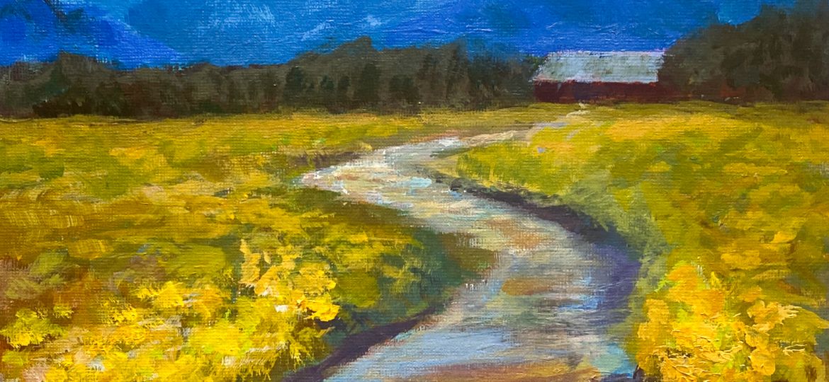 Acrylic Painting; Country road with yellow flower fields on both sides, cabin ro the right and mountains in the back