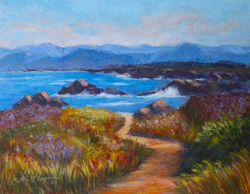 Fort Bragg Coast Acrylic Painting: Walkway through a field of wild flowers to the rocky shore with mountains in the distance.