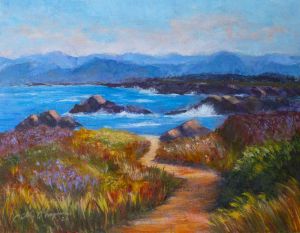 Acrylic Painting: Walkway through a field of wild flowers to the rocky shore with mountains in the distance.