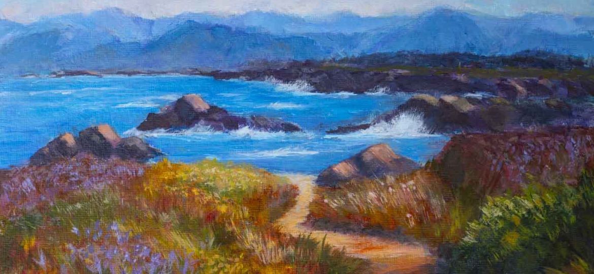 Acrylic Painting: Walkway through a field of wild flowers to the rocky shore with mountains in the distance.