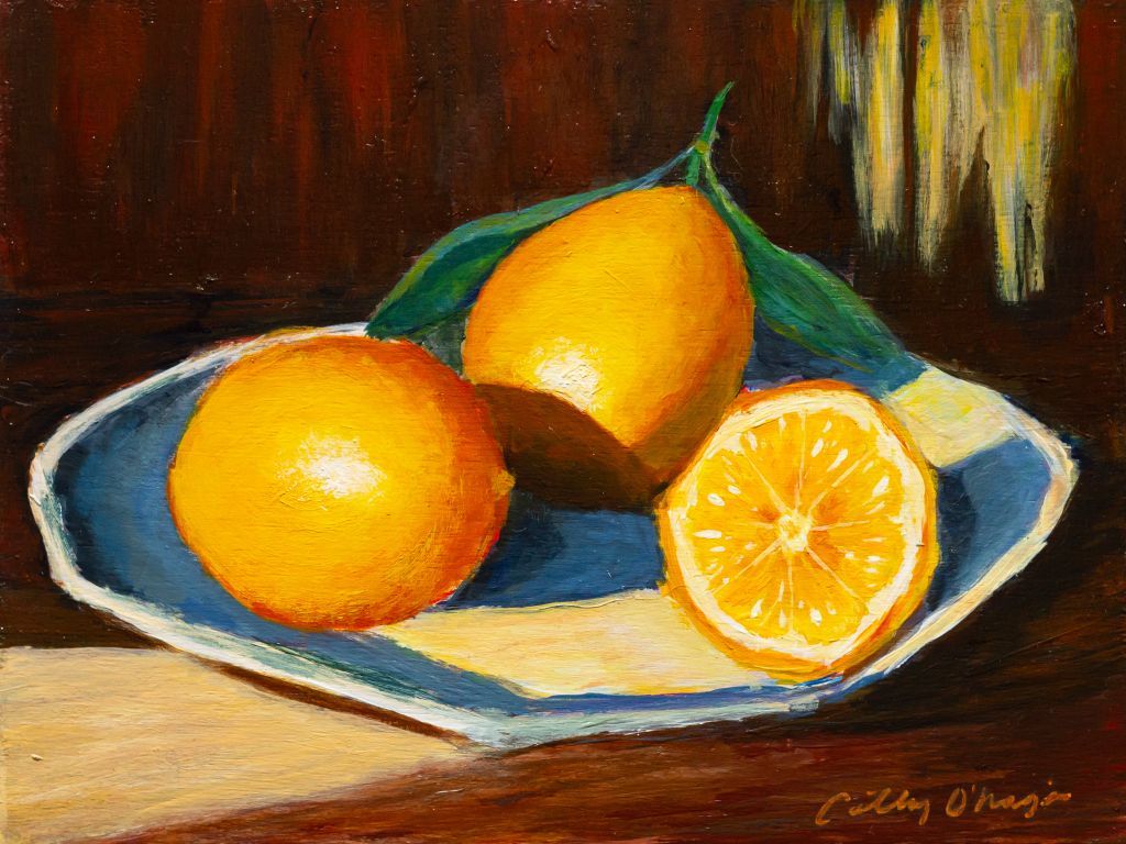 Acrylic Painting; 3 lemons on a plate, two whole and one cut in half.