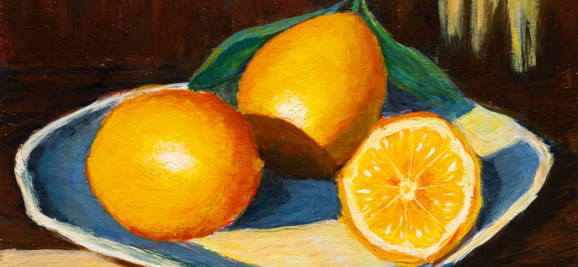 Acrylic Painting; 3 lemons on a plate, two whole and one cut in half.