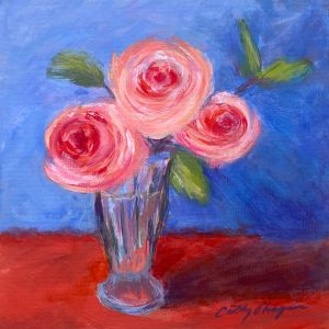 Acrylic Painting; Sundae glass vase with roses from my garden