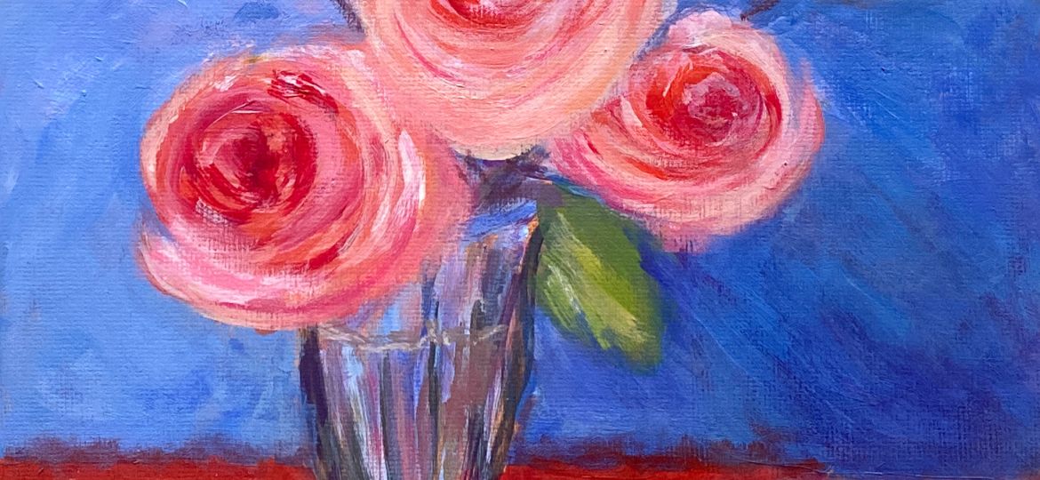 Acrylic Painting; Sundae glass vase with roses from my garden