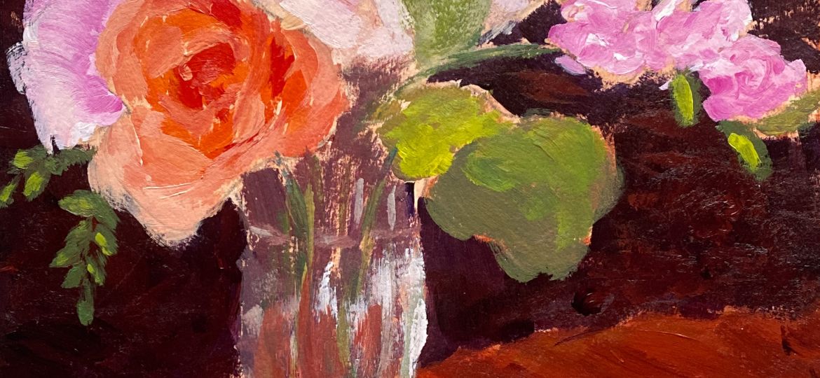 Acrylic Painting; Sundae glass vase with flowers