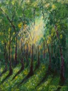 Acrylic Painting; Sun shining through a forest of trees