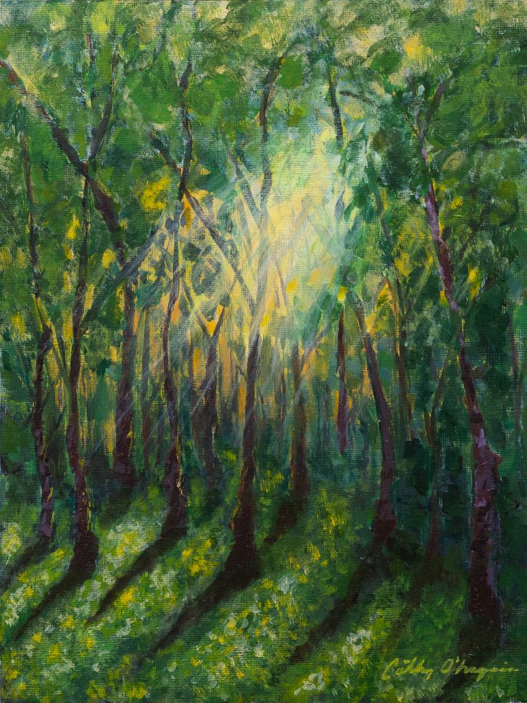 A Walk in the Woods Acrylic Painting; Sun shining through a forest of trees