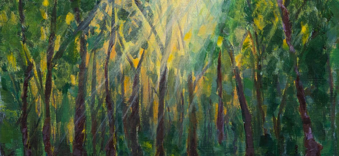 Acrylic Painting; Sun shining through a forest of trees