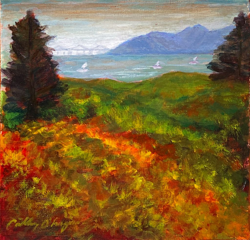 Acrylic Painting; a view of the bay bridge looking through the trees