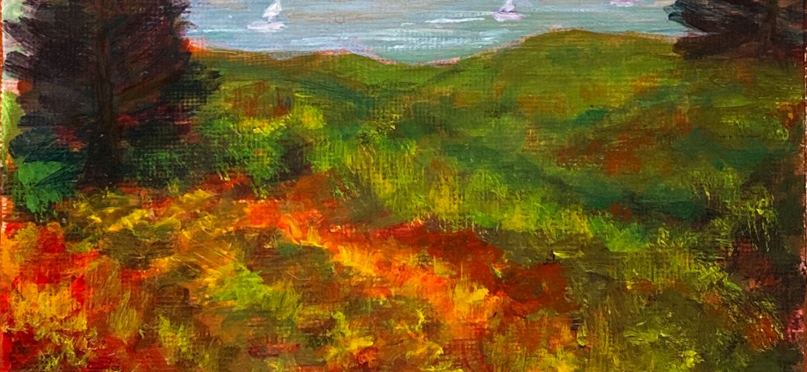 Acrylic Painting; a view of the bay bridge looking through the trees